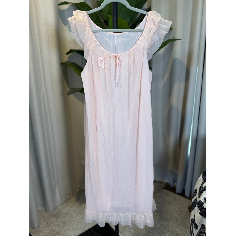 Vintage Pink Sheer Ruffle Flutter Sleeve Nightgown Embroidered Applique Midi